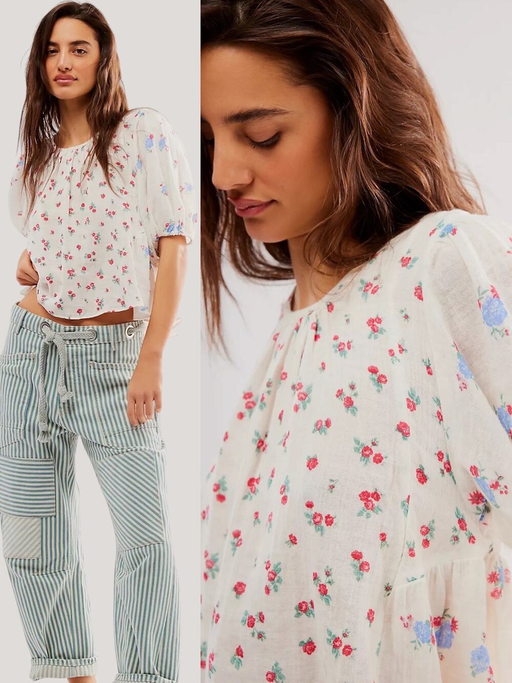 Free People Dainty Chloe Printed Top Floral XL Cottage Bow Gauze Shabby Chic
